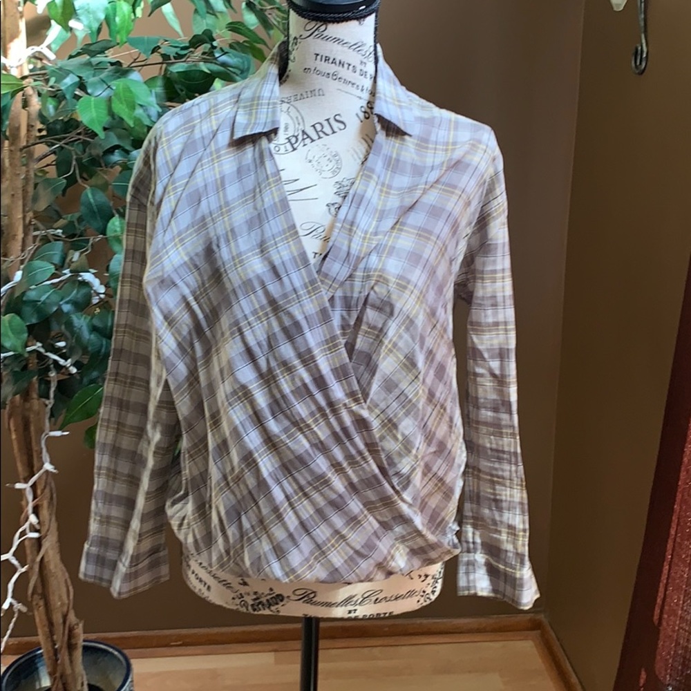 Armani Exchange Grey and yellow plaid blouse
